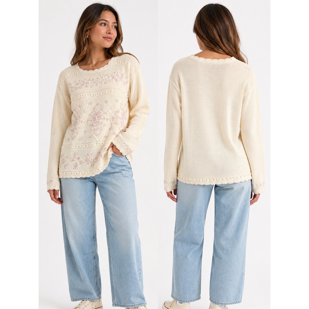 Jenny Sweater Women S Cream Floral Embroidered Pearl‎ Ribbon Knit Grandmacore